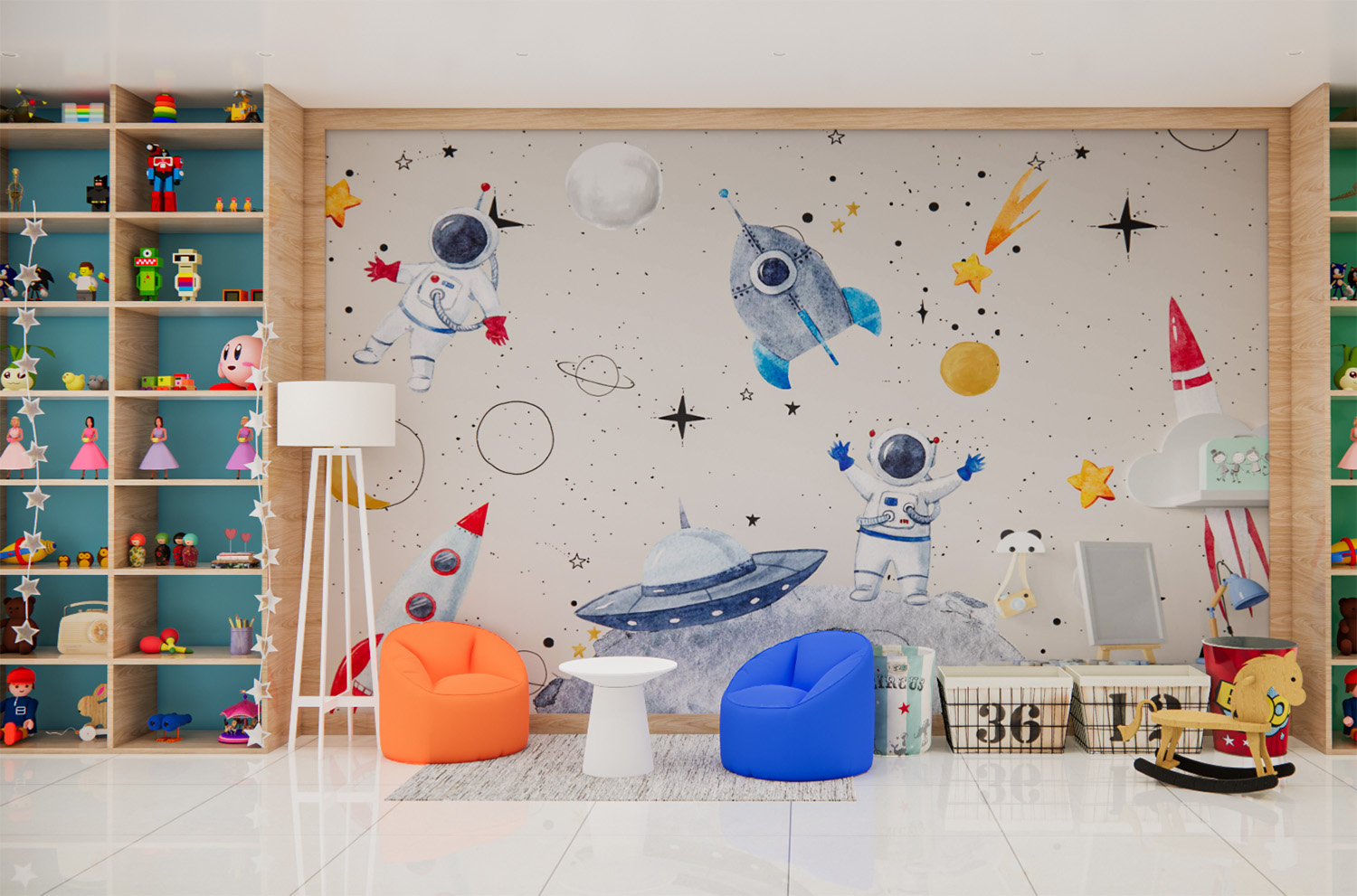 Off-White Space Expedition Wallpaper with astronauts, stars, and spaceships for kids